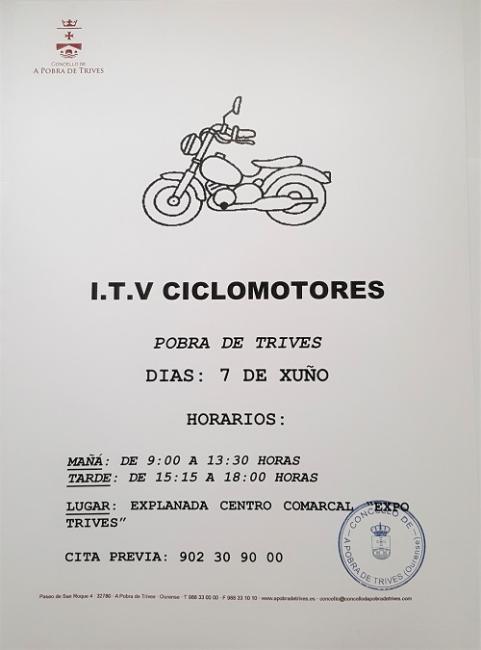 Os vindeiros 12, 13 e 14 de xuño do 2018 (martes, mércores e xoves), de 9h. a 13:30h. e de 15:15h. a 18h. e o xoves 15 de xuño do 2018 (venres) de 9h. a 13:30h. estará na Explanada do Centro Comarcal Expo Trives, a unidade móbil ITV para vehículos lixeiros. Para pedir Cita Previa: 902 30 90 00 ou www.sycitv.com