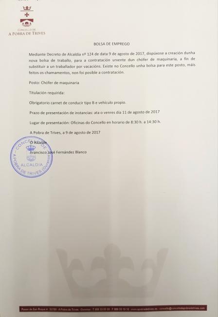 Anuncio Bolsa de Emprego - CHÓFER DE MAQUINARIA