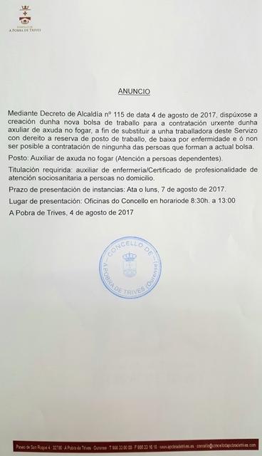 Anuncio Bolsa de Emprego - AUXILIAR AXUDA NO FOGAR