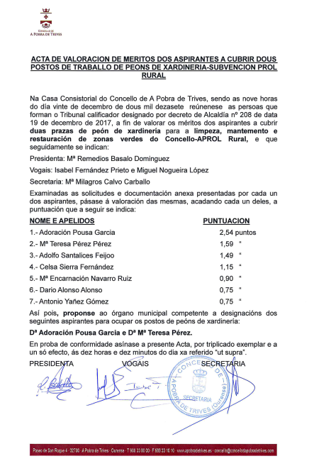 Acta de valoración de méritos dos aspirantes a cubrir dous postos de peón de xardinería