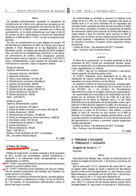 Anuncio no Boletín Oficial da Provincia de Ourense da Ordenanza de Dominio Público e Caixeiros