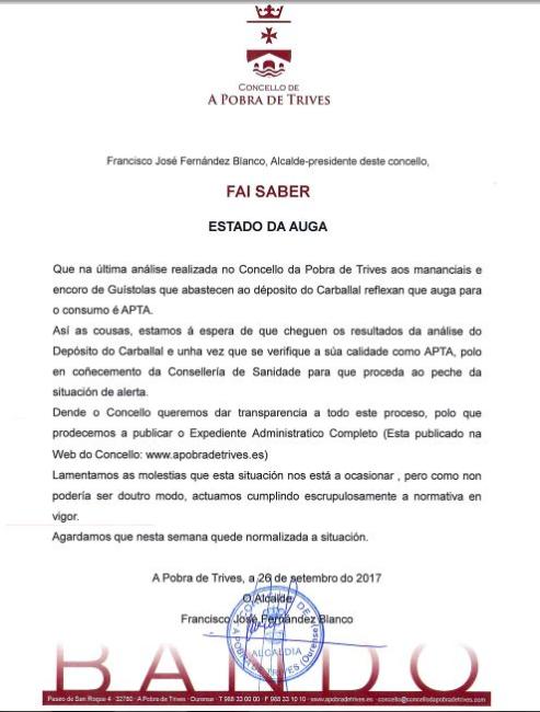 O Concello Informa sobre o Estado da Auga