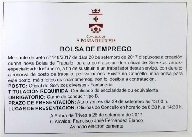 Bolsa de Emprego para o posto de Oficial de Servizos diversos - Fontanería