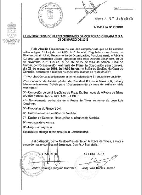 Convocatoria de Pleno Ordinario para o vindeiro 28 de marzo