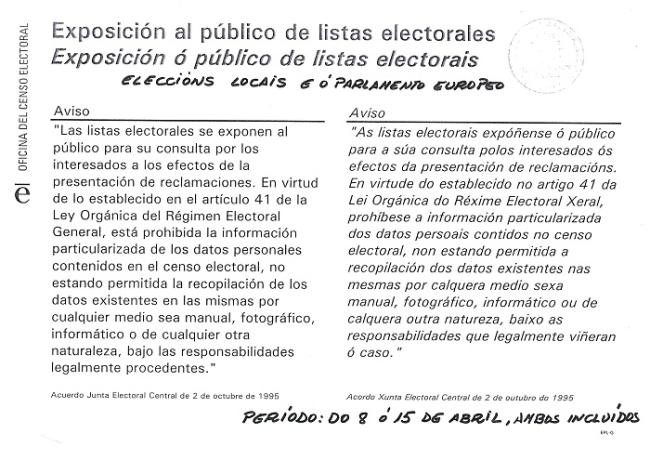 Exposición ó público de listas electorais para Eleccións Locais e ó Parlamento Europeo