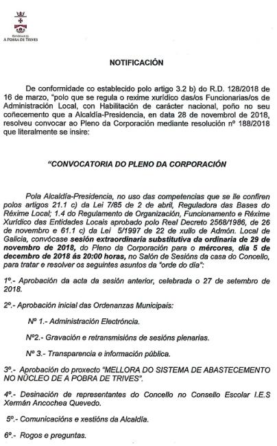 Convocatoria de sesión extraordinaria sustitutiva da ordinaria do 29 de novembro, do Pleno da Corporación