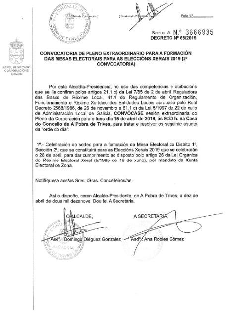 Convocatoria de Pleno para a formación dunha Mesa Electoral para as Eleccións Xerais 2019