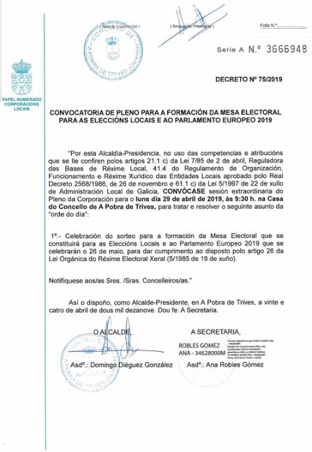 Convocatoria de Pleno para a formación de Mesa Electoral para as Eleccións Locais e ao Parlamento Europeo 2019