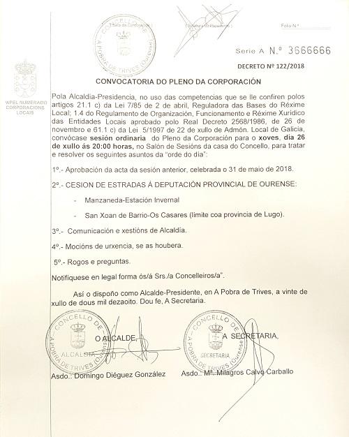 Convocatoria de sesión ordinaria do Pleno da Corporación