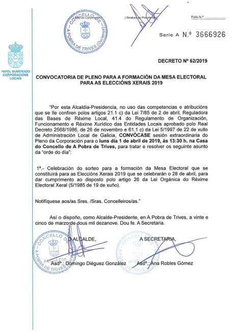 Convocatoria de Pleno para a formación de Mesa Electoral para as Eleccións Xerais 2019
