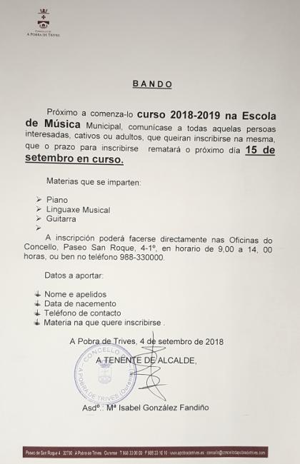 A Escola Municipal de Música abre o seu prazo de matrícula no curso 2018-2019