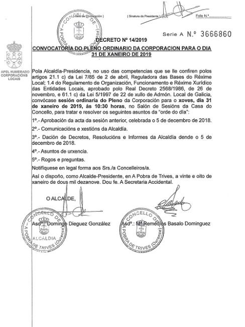 Convocatoria de sesión ordinaria do Pleno da Corporación para o 31 de xaneiro
